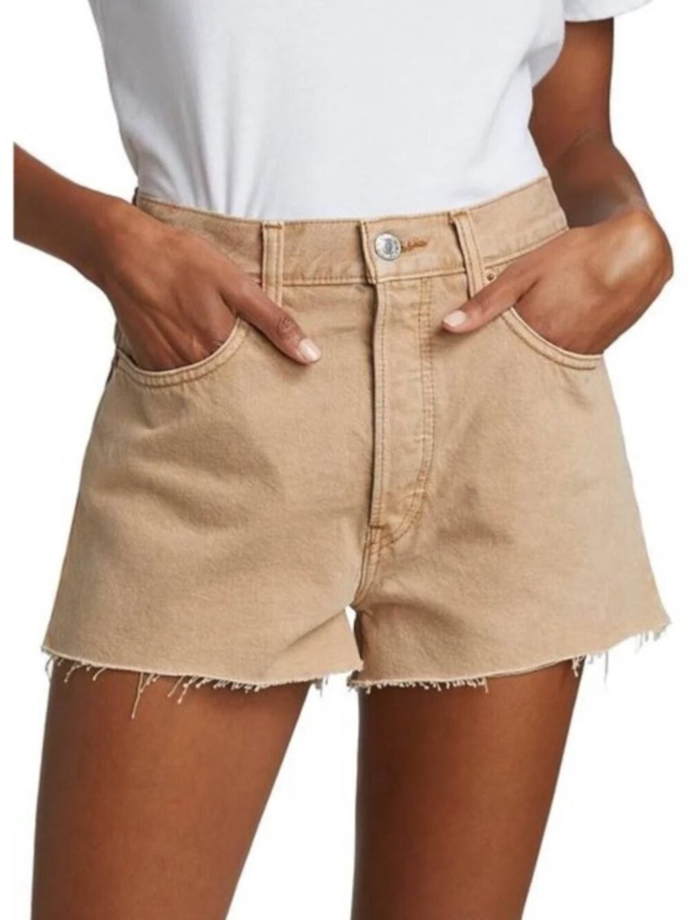 RE / DONE 70s High Rise Denim Shorts in Washed Khaki / Light Brown 27